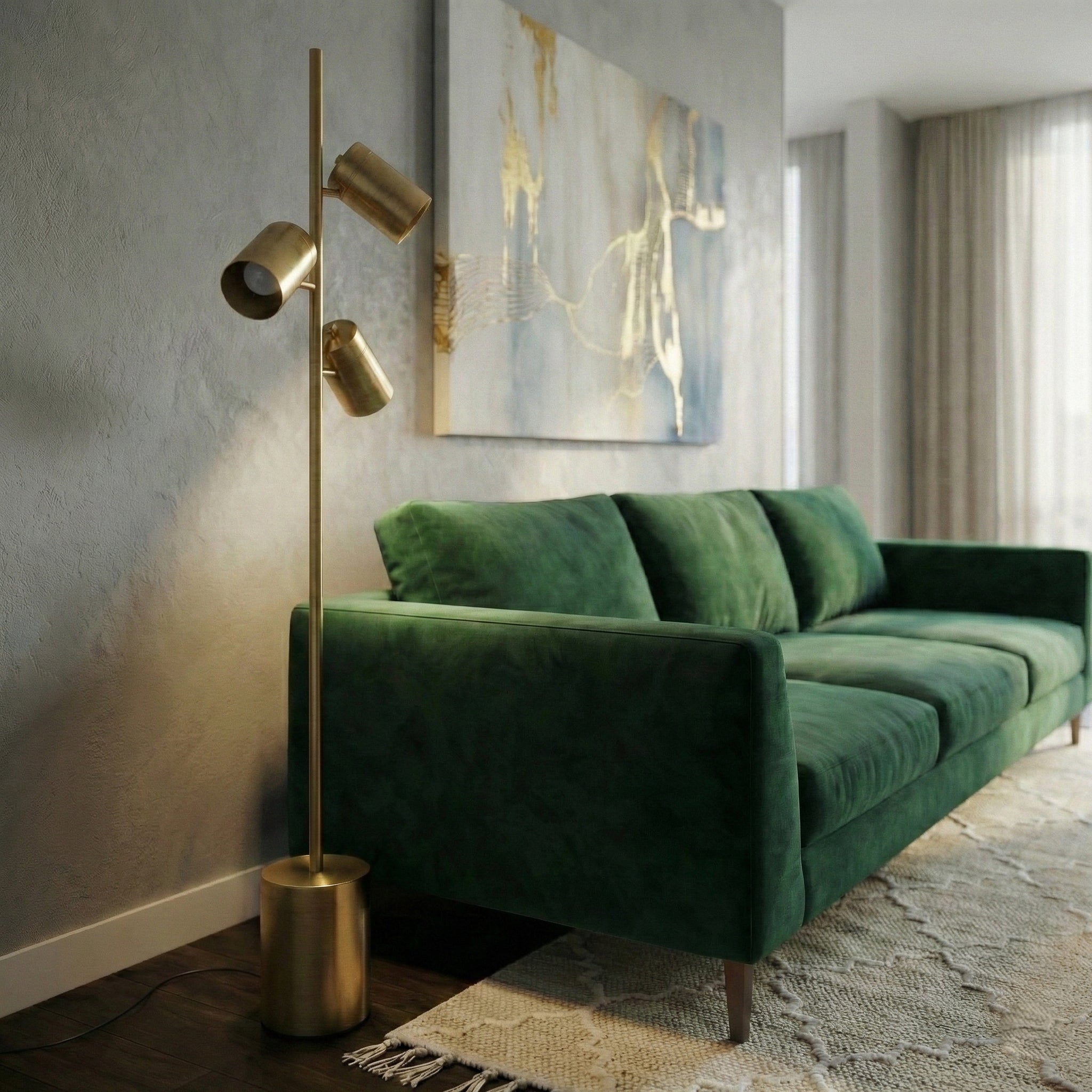 Harmony Brassed Gold Floor Lamp with Rotary Switch Triple Spots Metal Block Base