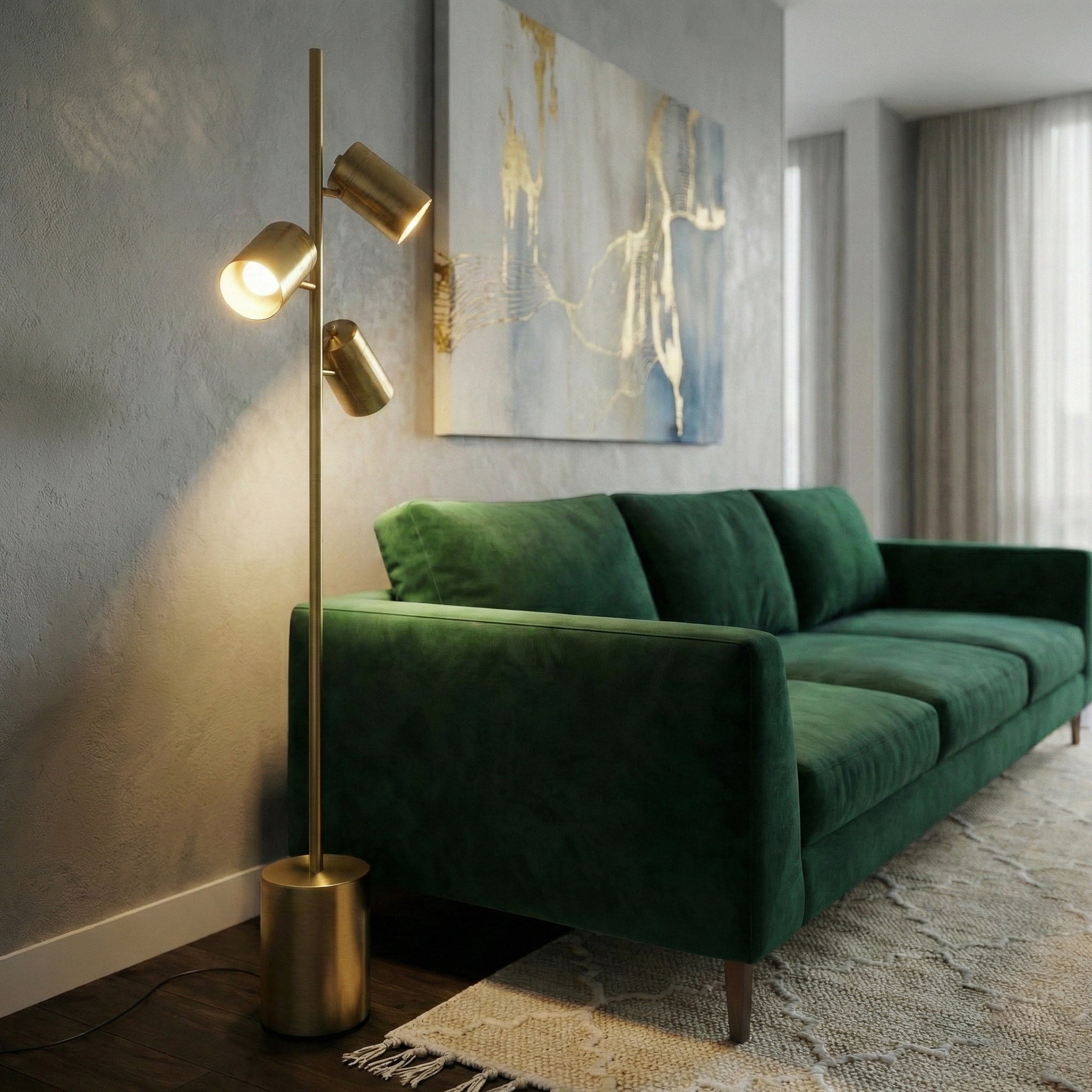 Harmony Brassed Gold Floor Lamp with Rotary Switch Triple Spots Metal Block Base