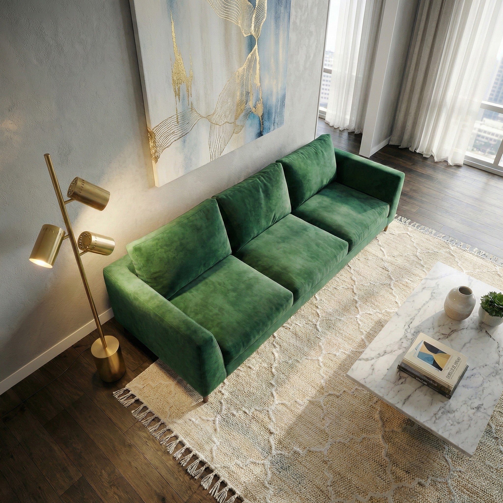 Harmony Brassed Gold Floor Lamp with Rotary Switch Triple Spots Metal Block Base