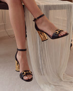 The Avlonya Block Heel Black Leather Ankle Strap Women Sandal