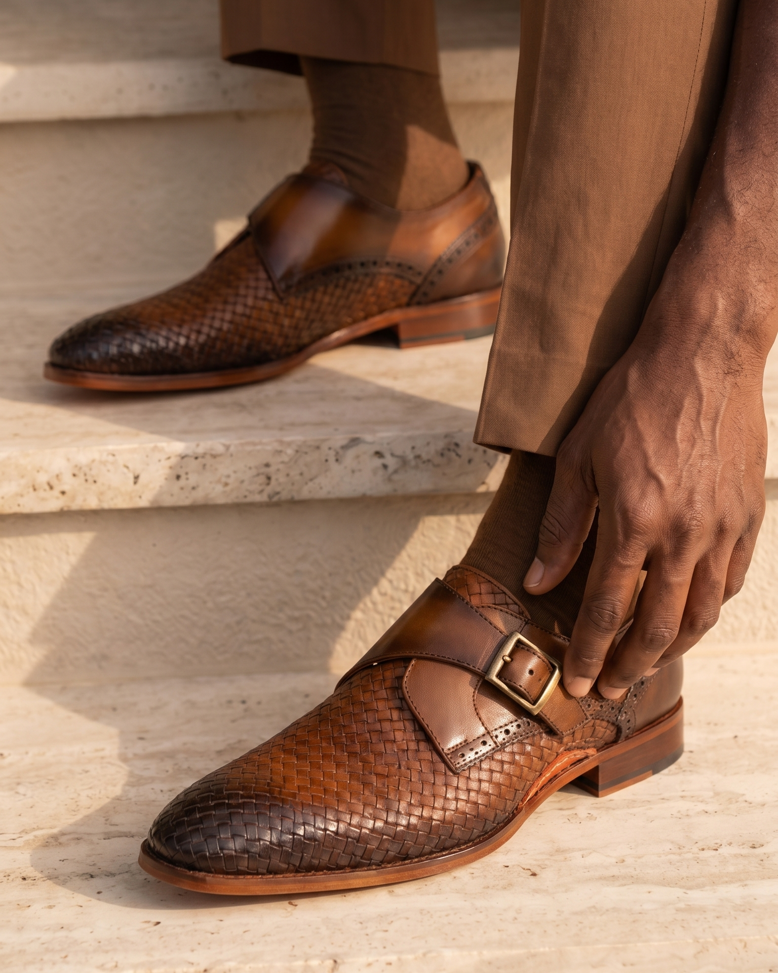 The Rolls  Woven Tan Leather Single Monk Strap  Handmade Men Shoe