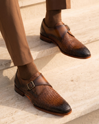 The Rolls  Woven Tan Leather Single Monk Strap  Handmade Men Shoe