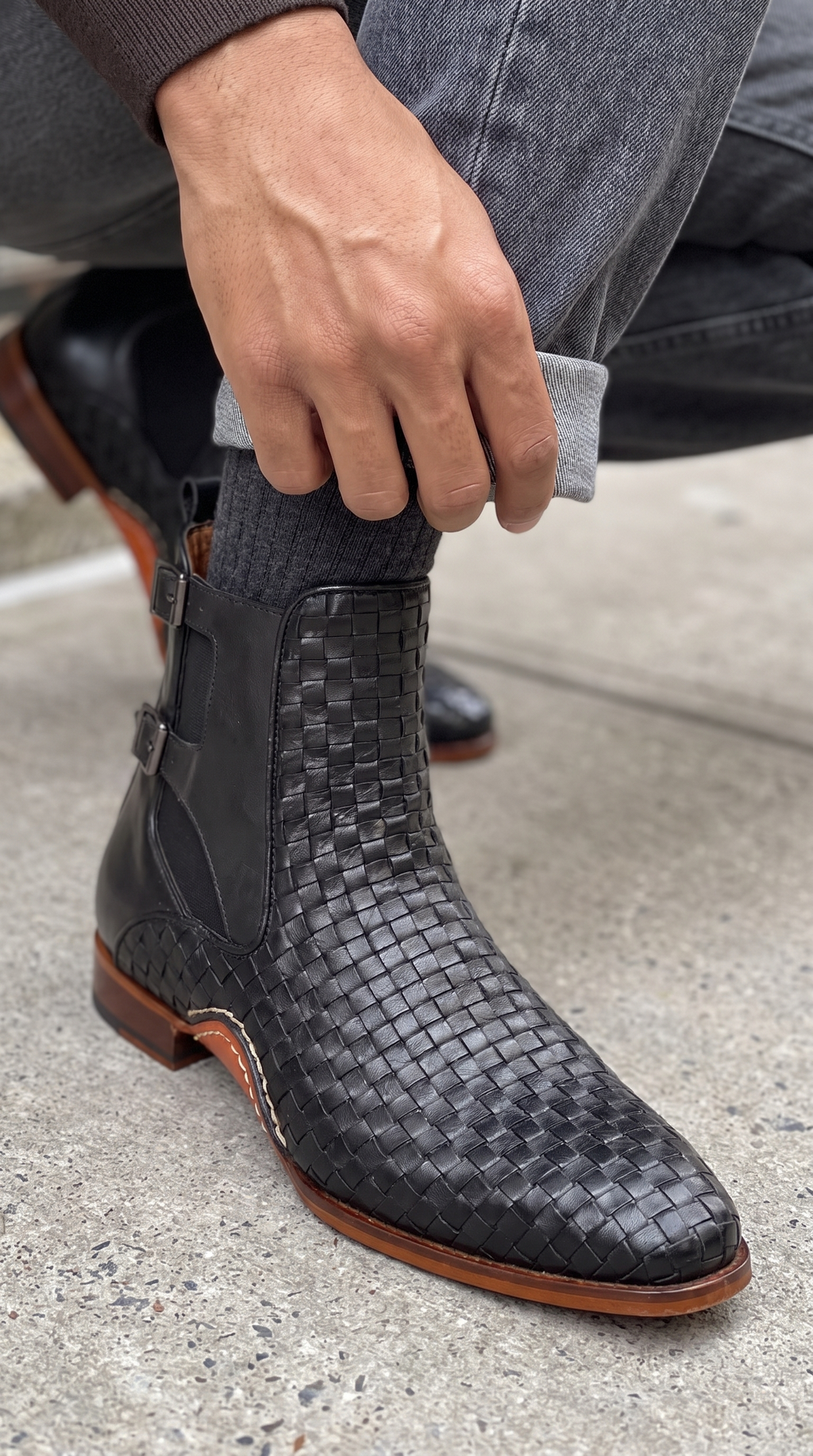 The Rolls Boot Woven Black Leather Double Monk Strap Handmade Men Shoe