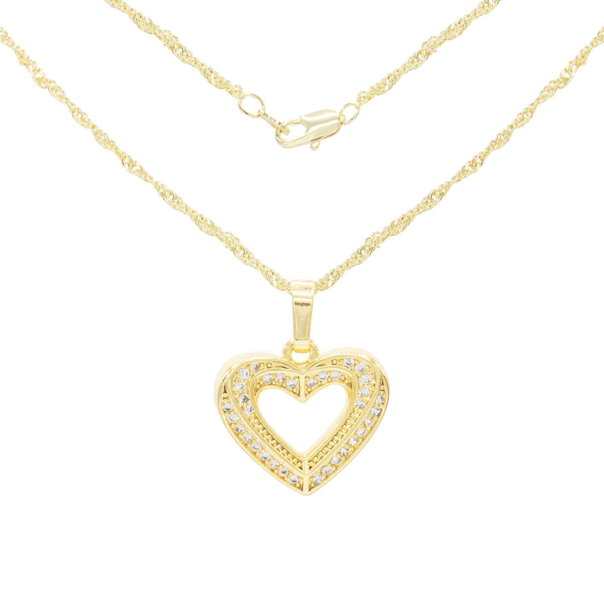 Cubic Zirconia 14K Gold Filled Double Layered Heart Pendant Necklace Set