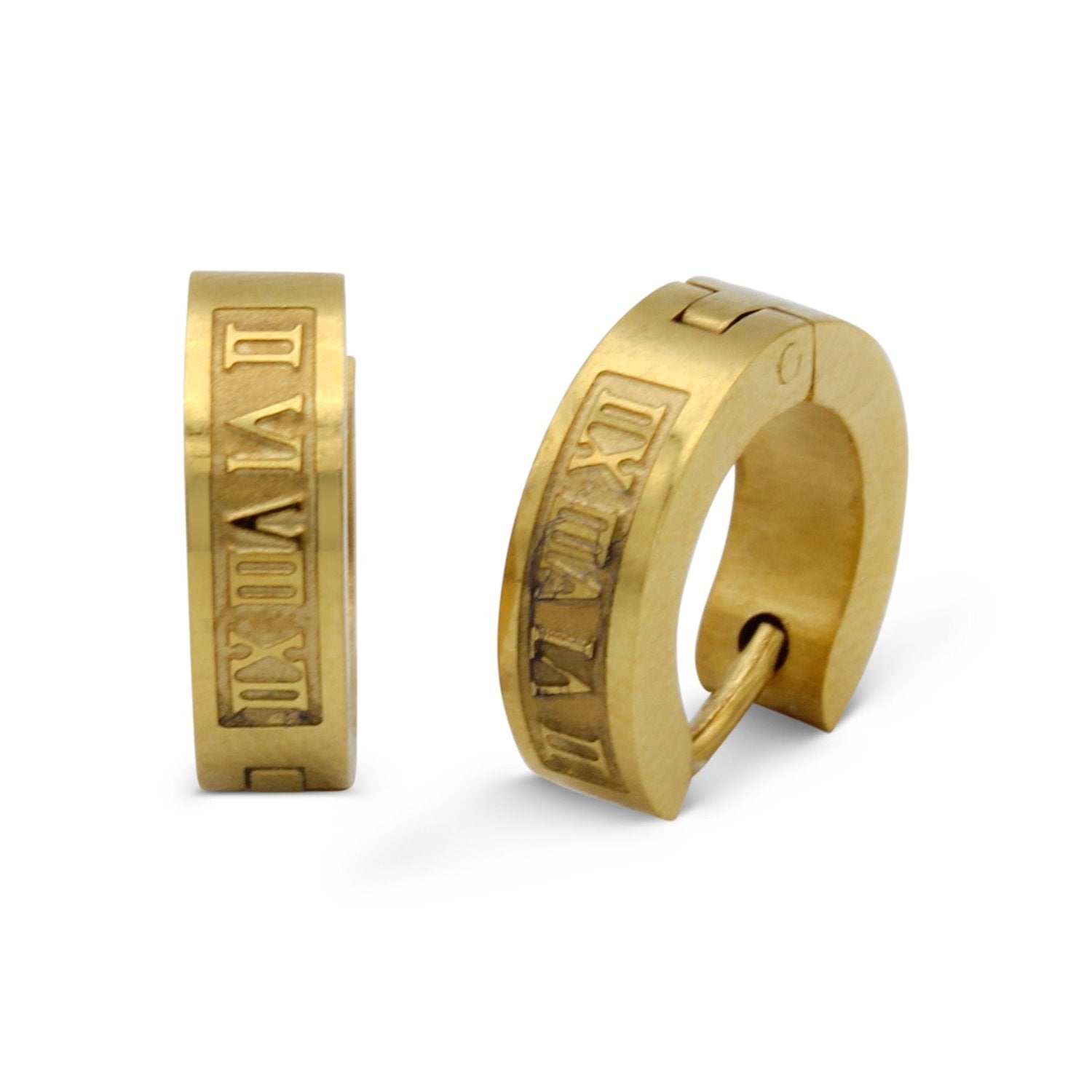 Huggie Hoop Stainless Steel Earrings with Roman Numeral Design