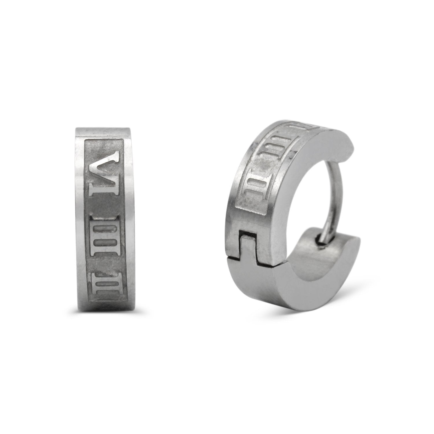 Huggie Hoop Stainless Steel Earrings with Roman Numeral Design