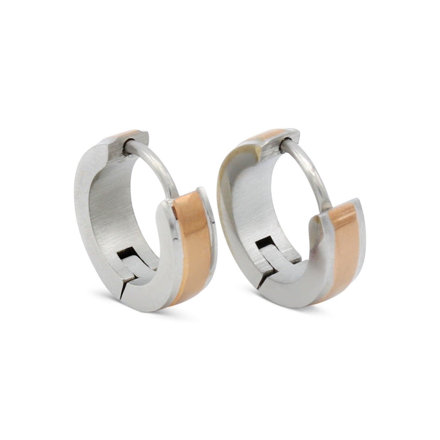 Huggie Hoop Stainless Steel Earrings with Rose Gold Stripes