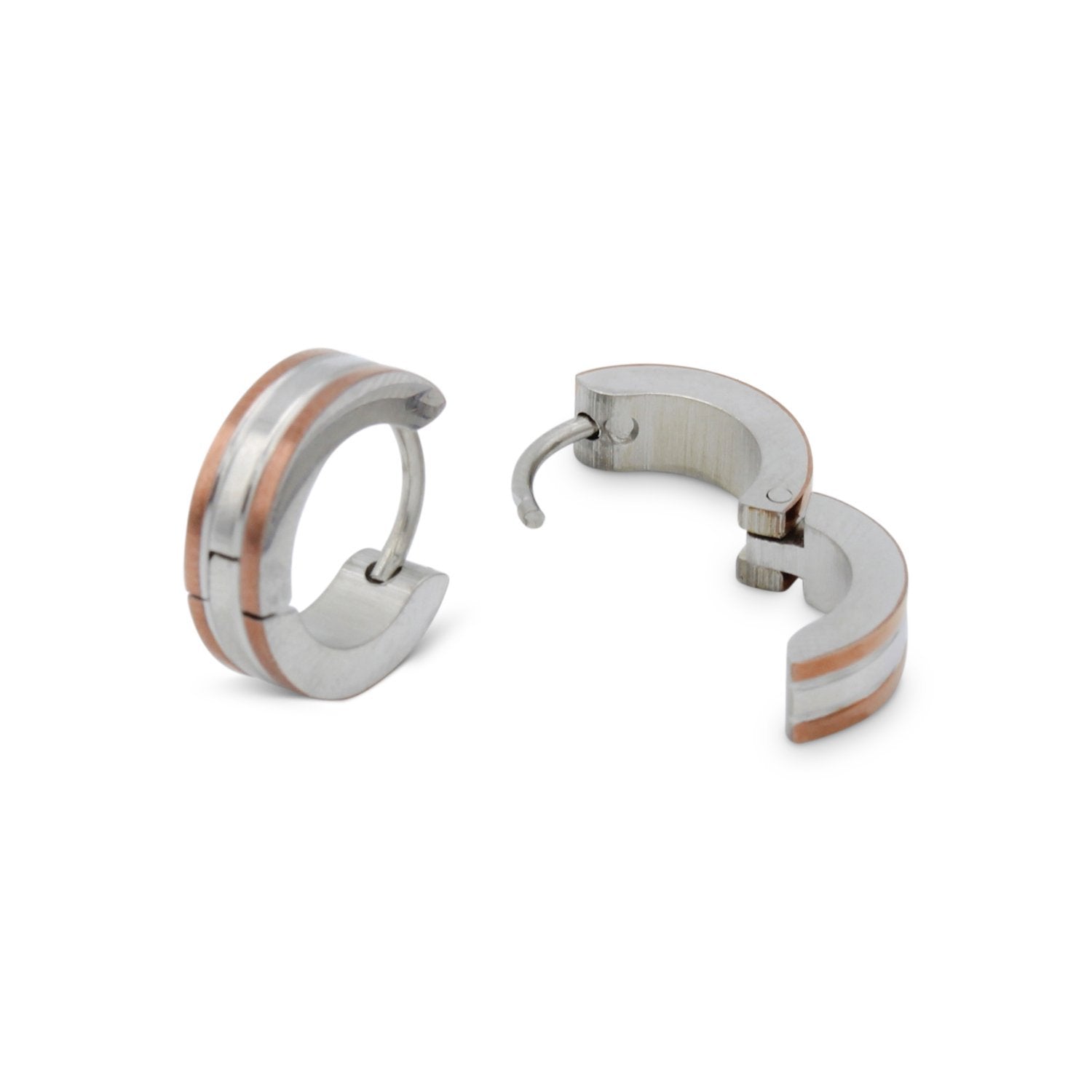 Huggie Hoop Stainless Steel Earrings with Rose Gold Stripes