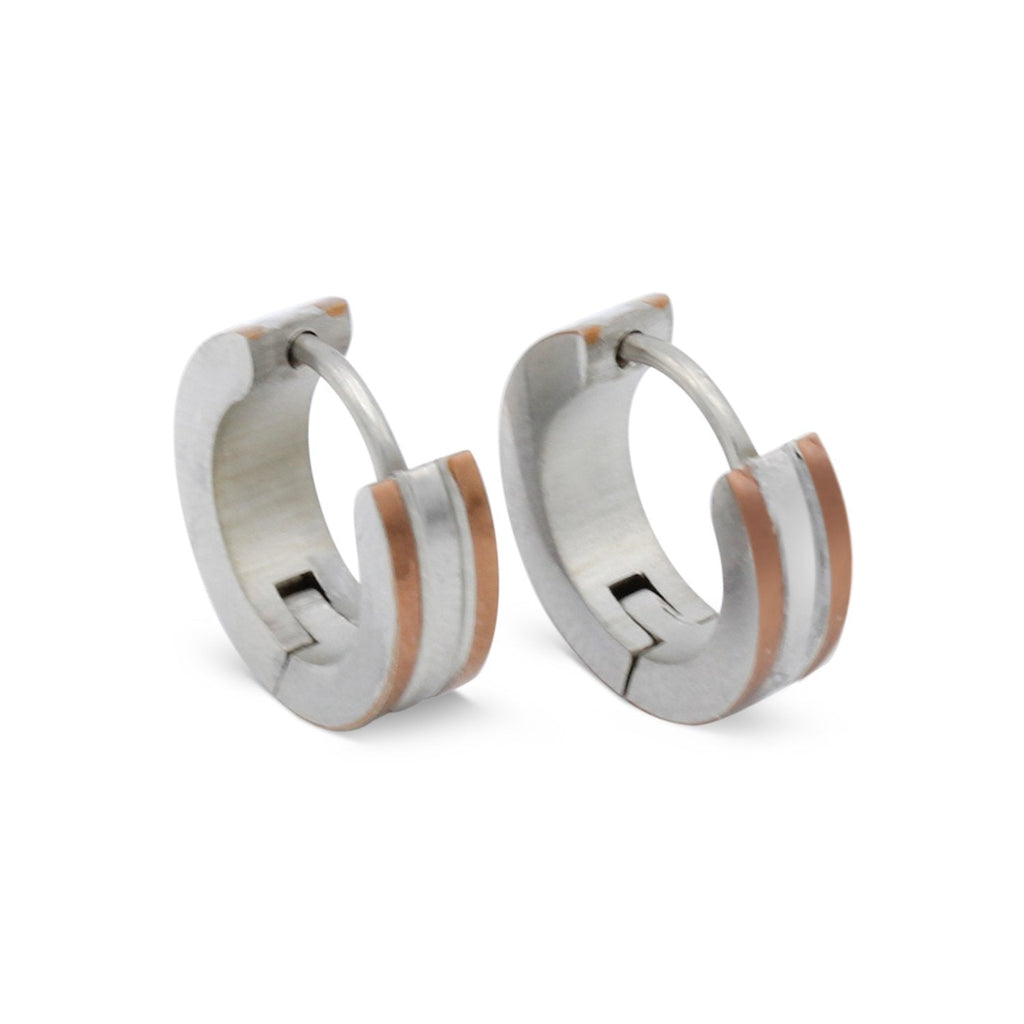 Huggie Hoop Stainless Steel Earrings with Rose Gold Stripes