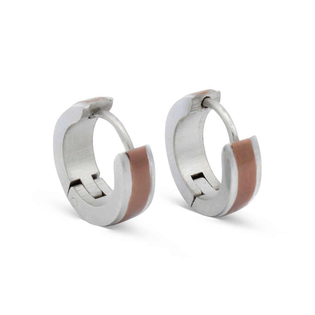 Huggie Hoop  Stainless Steel Earrings with Deep Rose Gold Stripes