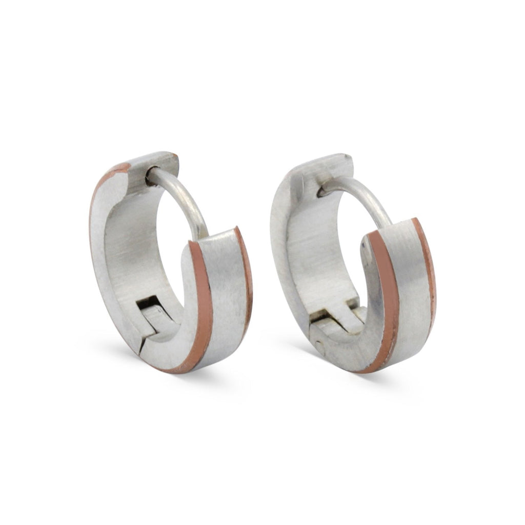 Huggie Hoop  Stainless Steel Earrings with Deep Rose Gold Stripes