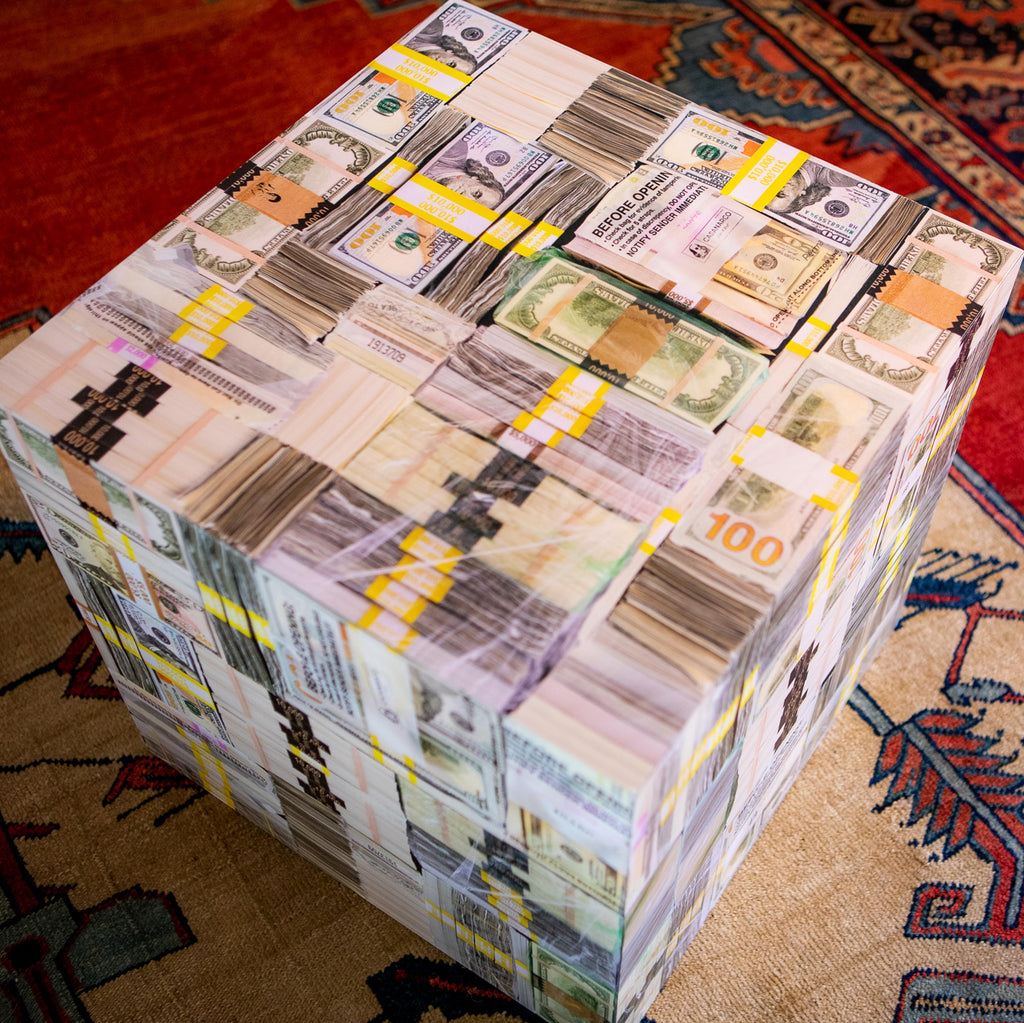Hush Money Cube Side Table – Mixed Bills, 18 in | CasaNarco