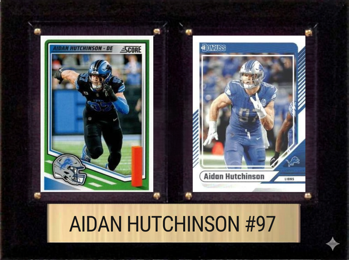 Aidan Hutchinson Detroit Lions Fan Gift Plaque 6x8 2 Cards Prizm, Donruss, Score 2024 2025 2026