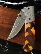 Custom Checkered Titan classico - Raindrop Damascus folding blade/ EDC/ Checkered (Walnut & Olive)