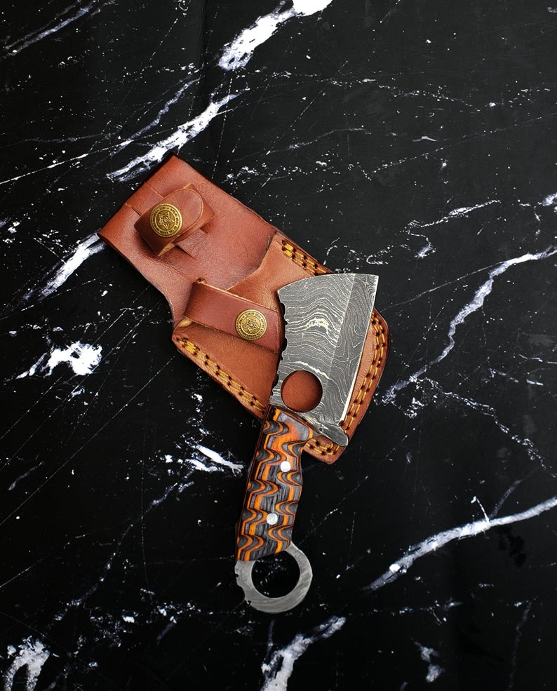 EDC Mini Cleaver/ Handmade Damascus Steel/ Bushcraft knife/ Tactical handle with finger hole