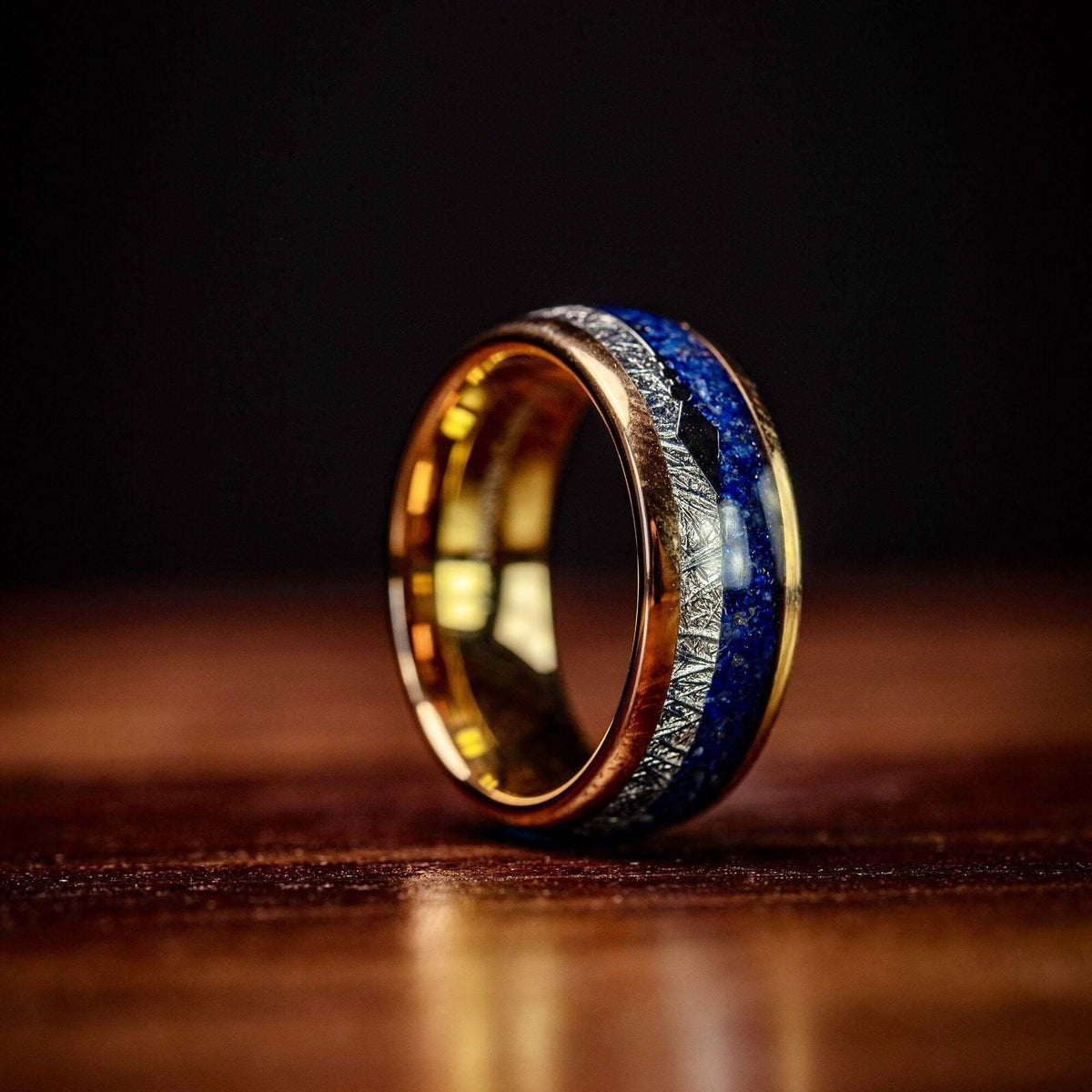 Men's 8mm Rose Gold & Lapis Lazuli Meteorite Wedding Band