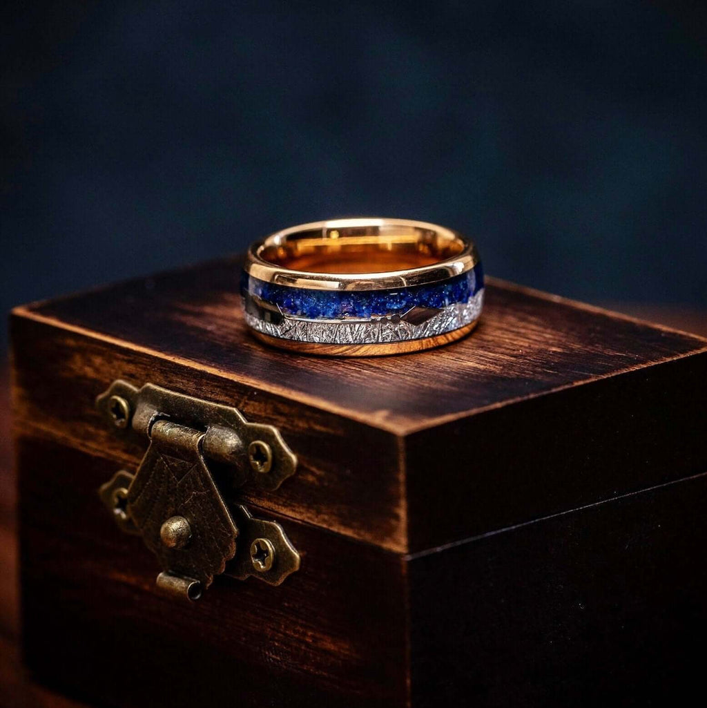 Men's 8mm Rose Gold & Lapis Lazuli Meteorite Wedding Band