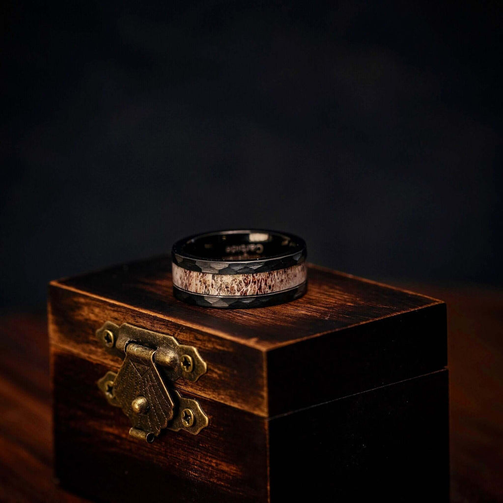 Men's 8mm Black Hammered Deer Antler Wedding Band
