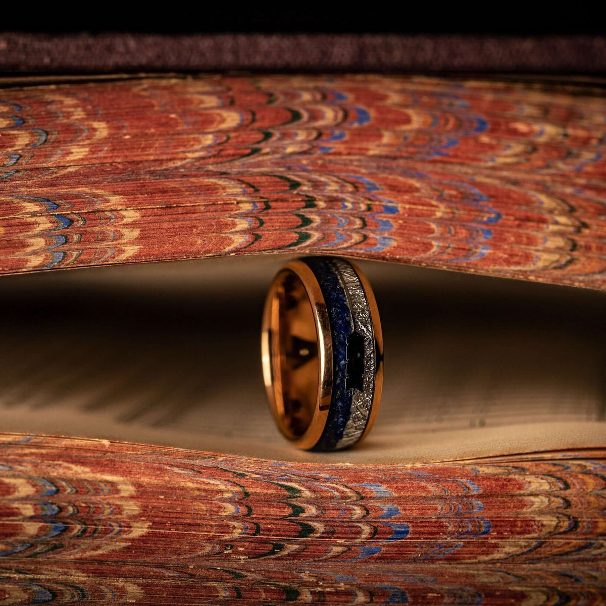 Men's 8mm Rose Gold & Lapis Lazuli Meteorite Wedding Band