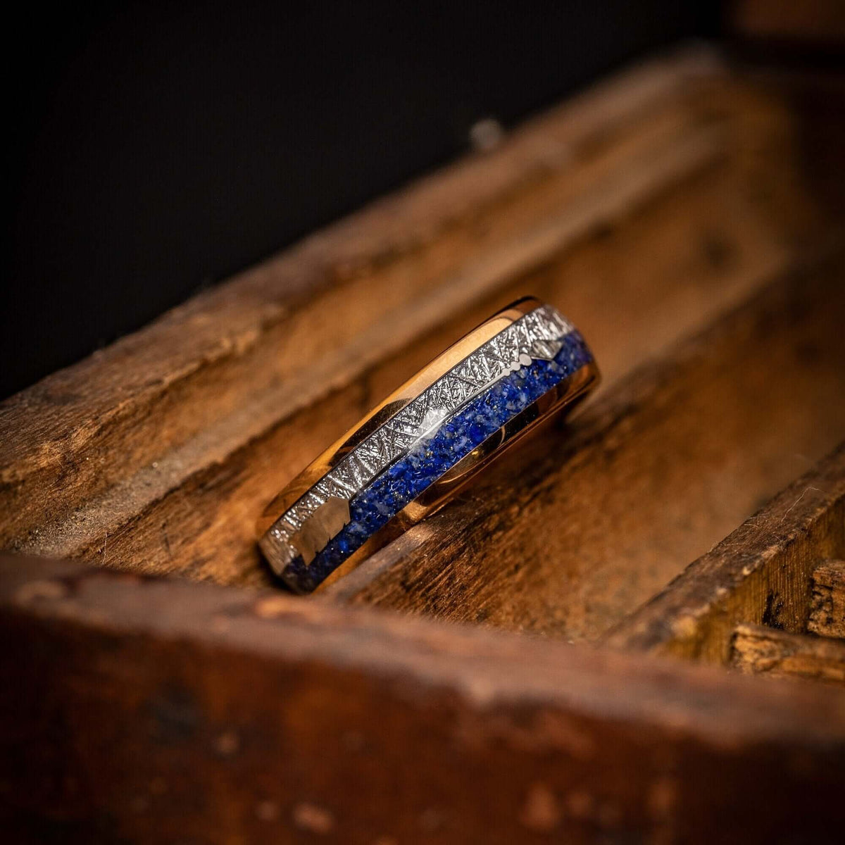 Men's 8mm Rose Gold & Lapis Lazuli Meteorite Wedding Band