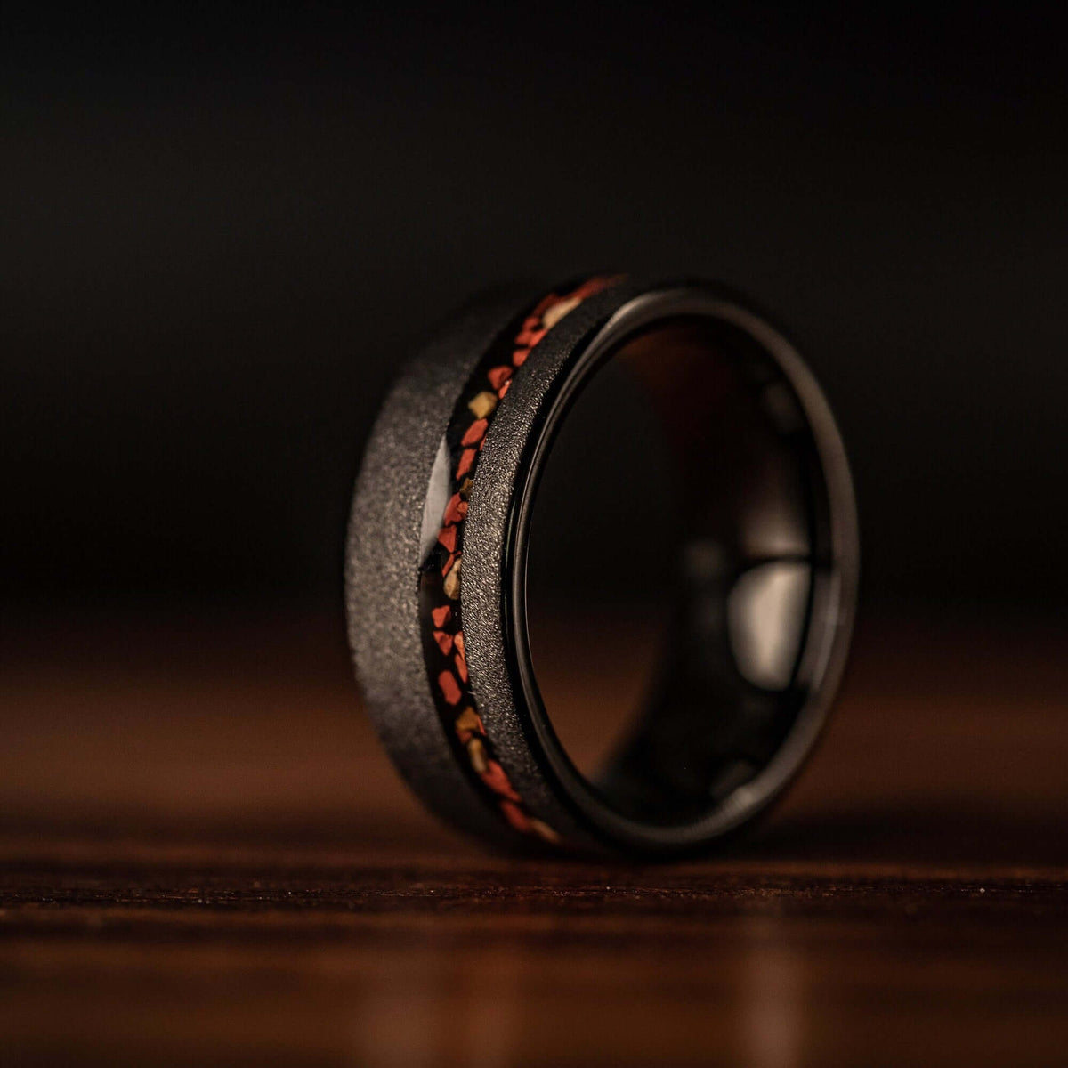Men's 8mm Black & Red Sandblasted Dinosaur Bone & Tungsten Wedding Band
