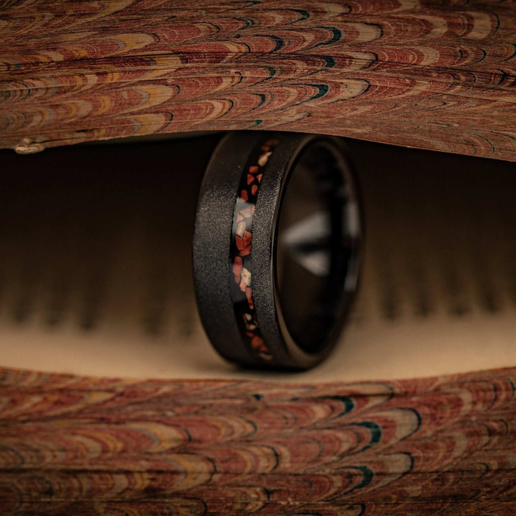 Men's 8mm Black & Red Sandblasted Dinosaur Bone & Tungsten Wedding Band