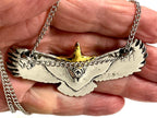 Silver Eagle Biker Necklace with Gold Trim Western Spirit Cast Raised American Eagle Bird for Men Bangle Cuff Heavy Jewelry
