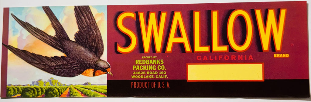 Vintage 1960s Swallow Crate Label 🐦 – Redbanks Packing, Woodlake, California