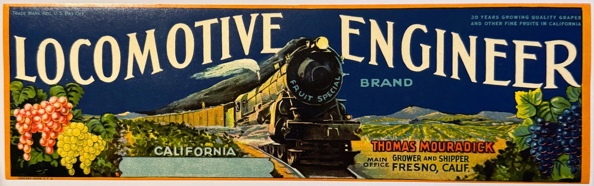 Vintage 1940s Locomotive Engineer Crate Label 🚂 Thomas Mouradick, Fresno, CA, Steam Train Railroad