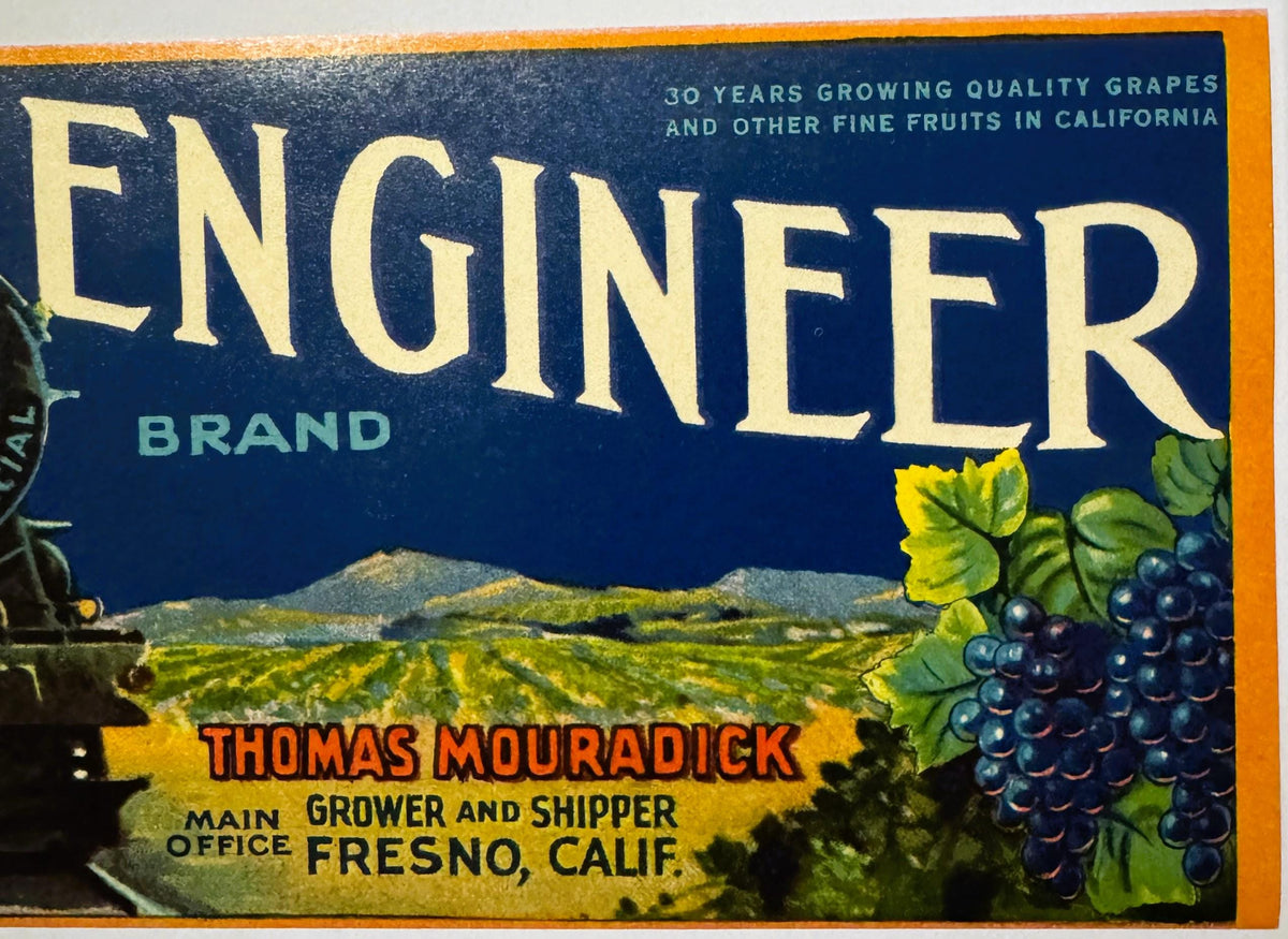 Vintage 1940s Locomotive Engineer Crate Label 🚂 Thomas Mouradick, Fresno, CA, Steam Train Railroad