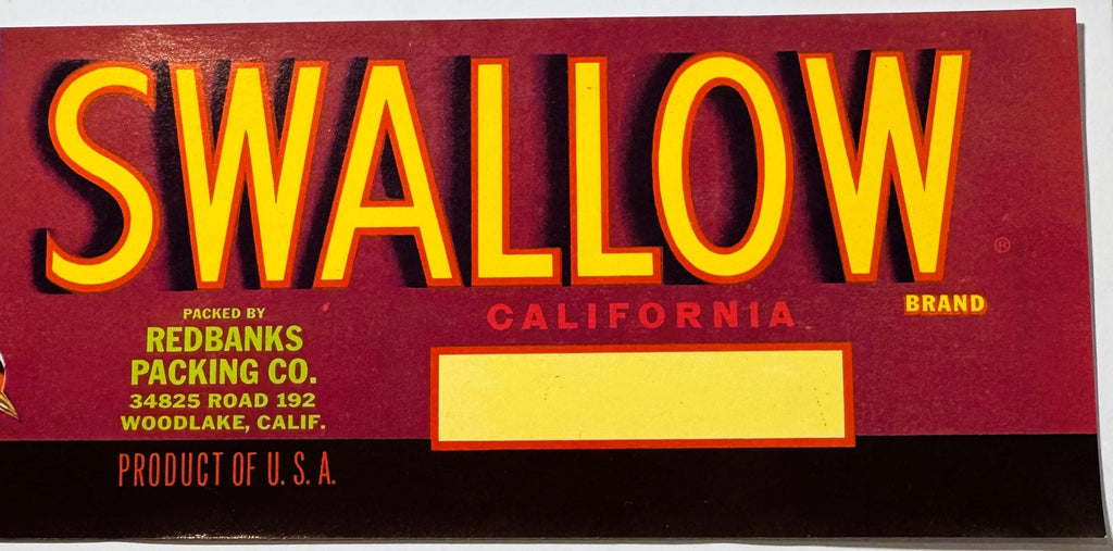 Vintage 1960s Swallow Crate Label 🐦 – Redbanks Packing, Woodlake, California