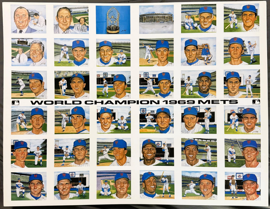 Vintage Susan Rini World Champion 1969 Miracle Mets Uncut Postcard Sheet ⚾ Tom Seaver Nolan Ryan, Historic Limited Editions MLB Licensed Art