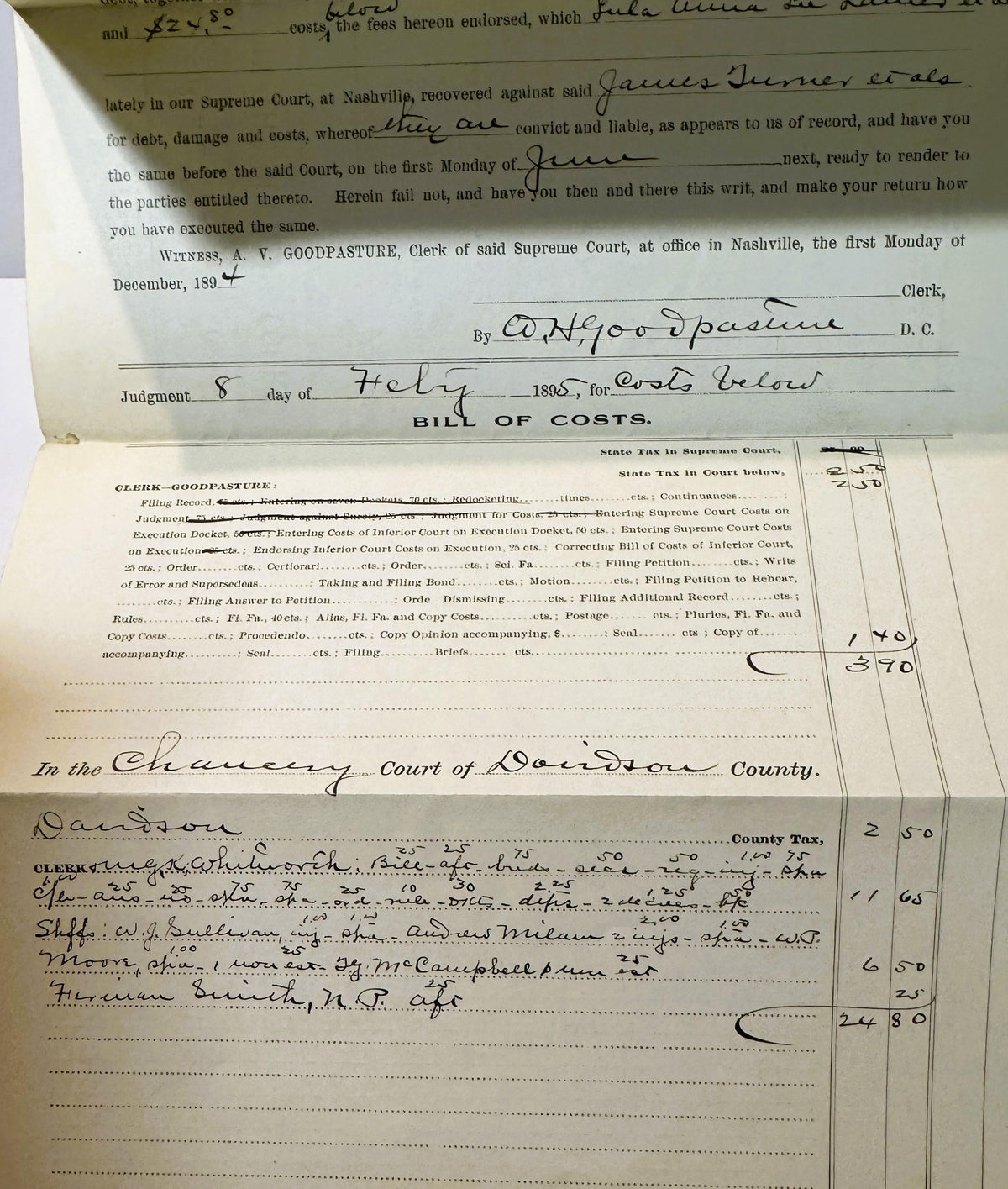 Antique 1895 Tennessee Supreme Court Writ of Fieri Facias 📜 Goodpasture-Signed, Nashville, Davidson County, Lanier v. Turner No. 17030