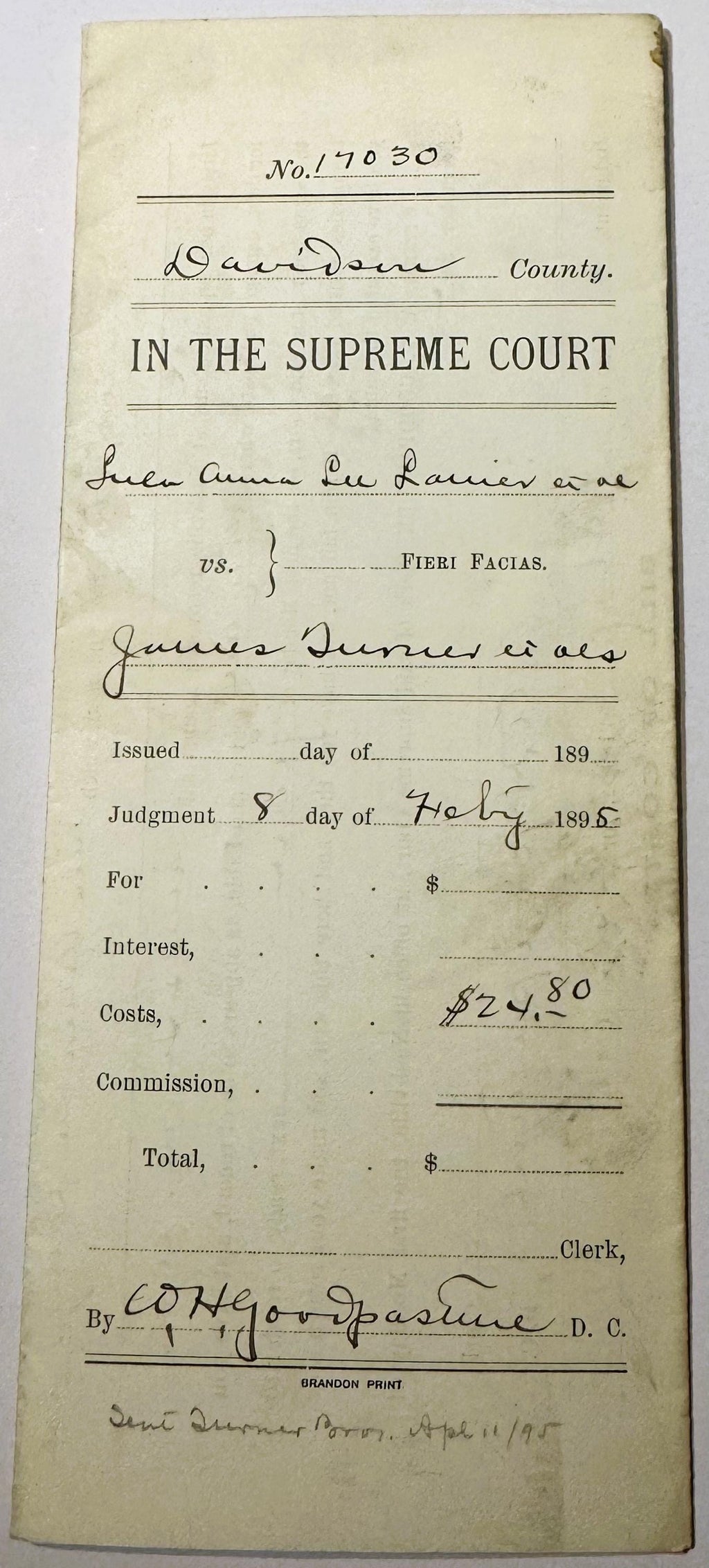 Antique 1895 Tennessee Supreme Court Writ of Fieri Facias 📜 Goodpasture-Signed, Nashville, Davidson County, Lanier v. Turner No. 17030