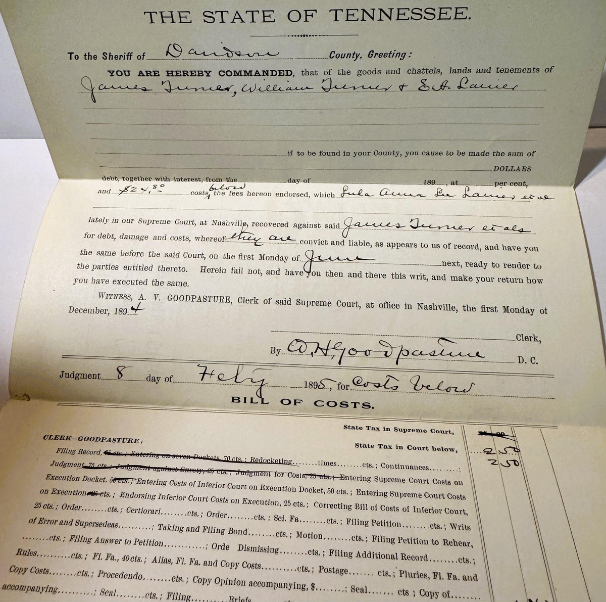 Antique 1895 Tennessee Supreme Court Writ of Fieri Facias 📜 Goodpasture-Signed, Nashville, Davidson County, Lanier v. Turner No. 17030