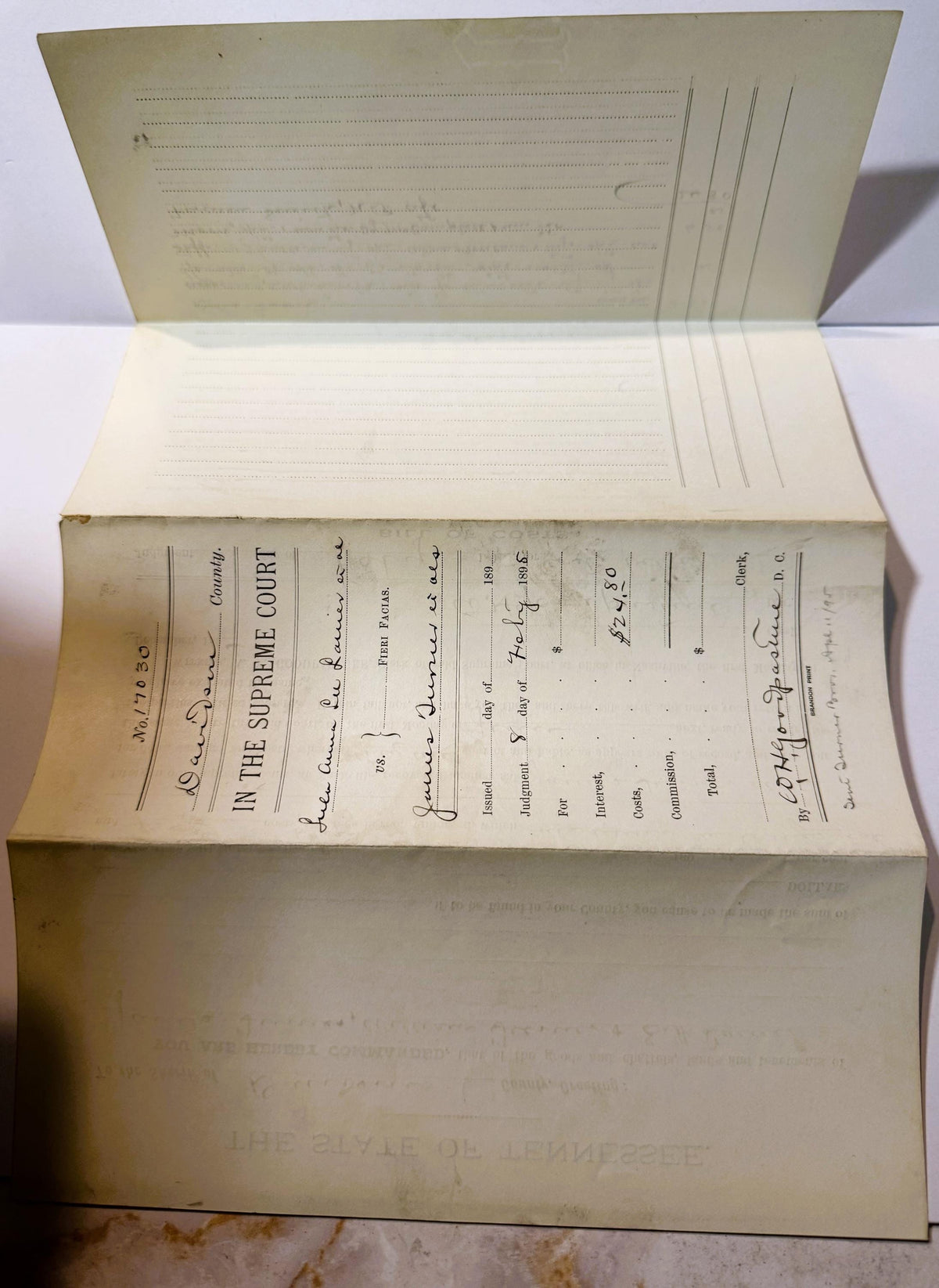Antique 1895 Tennessee Supreme Court Writ of Fieri Facias 📜 Goodpasture-Signed, Nashville, Davidson County, Lanier v. Turner No. 17030