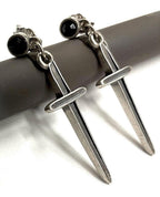 Sterling Silver Cross Dangle Earrings | Black Onyx Stud Sword Drop