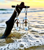 Tiny Silver Cross Hoop Earrings, Small Shadow Box Dangle Drops