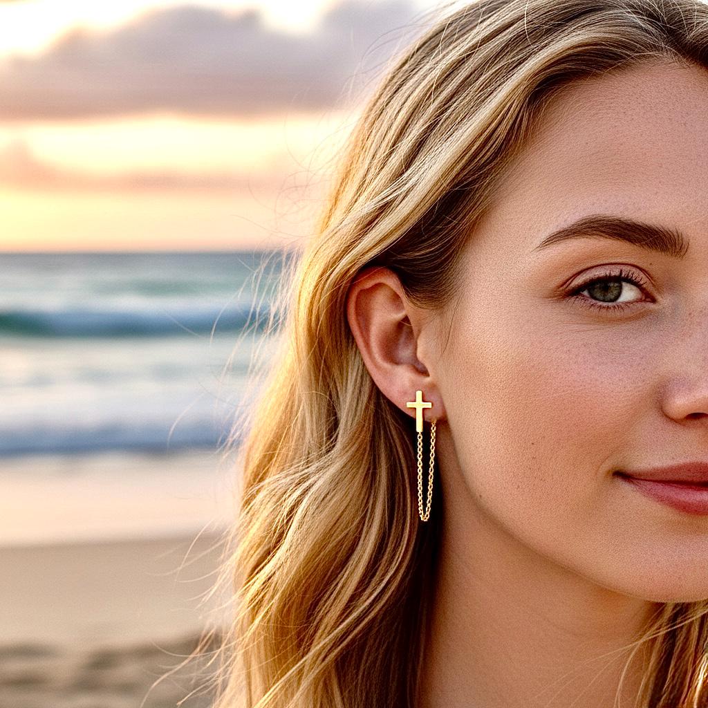 Cross Tassel Chain Back Earrings, Waterproof Jesus Jewelry
