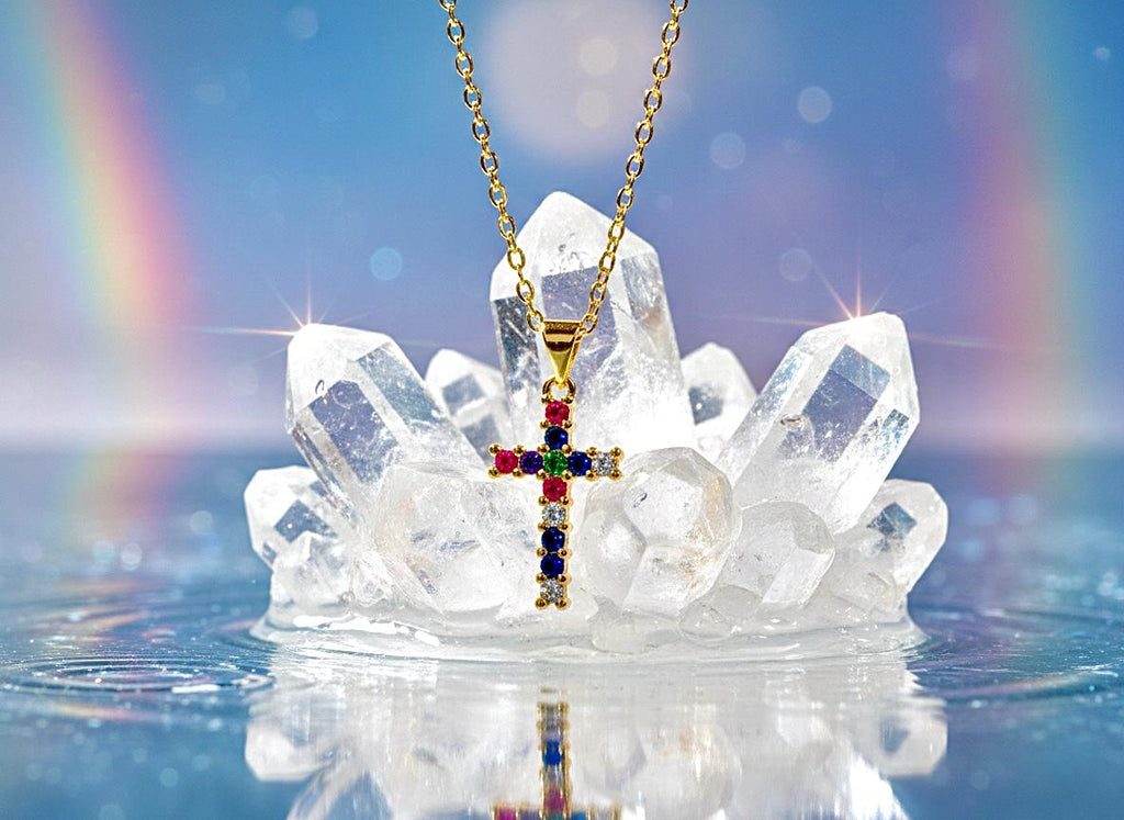 Gold Cross Necklace Pendant, Dainty Rainbow Multi Color CZ Jewelry