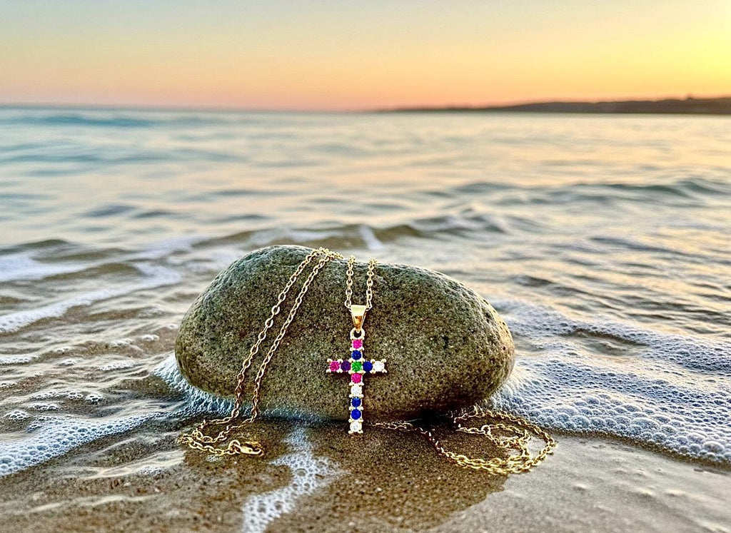 Gold Cross Necklace Pendant, Dainty Rainbow Multi Color CZ Jewelry