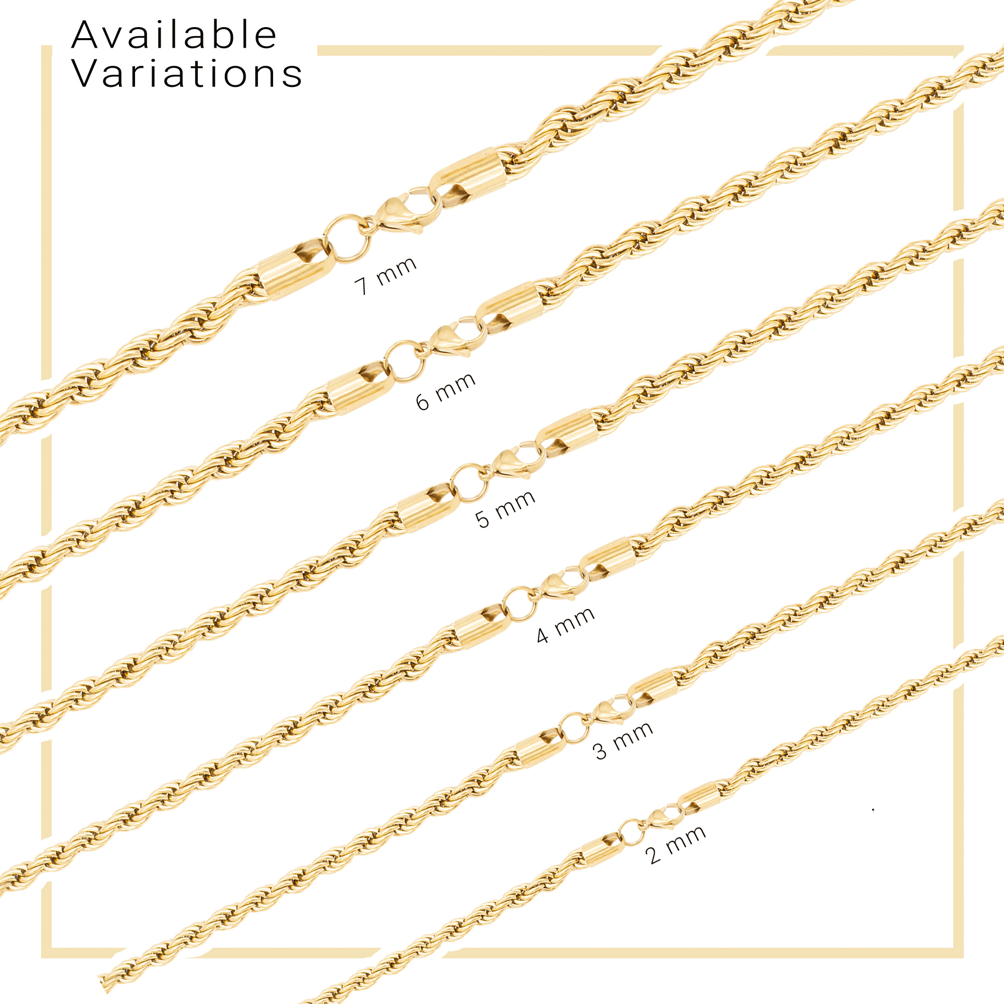 14K Gold Plated Rope Chain Twisted Link Necklace for Men 18" 20" 24" 30" Length | 2 mm - 7 mm Width