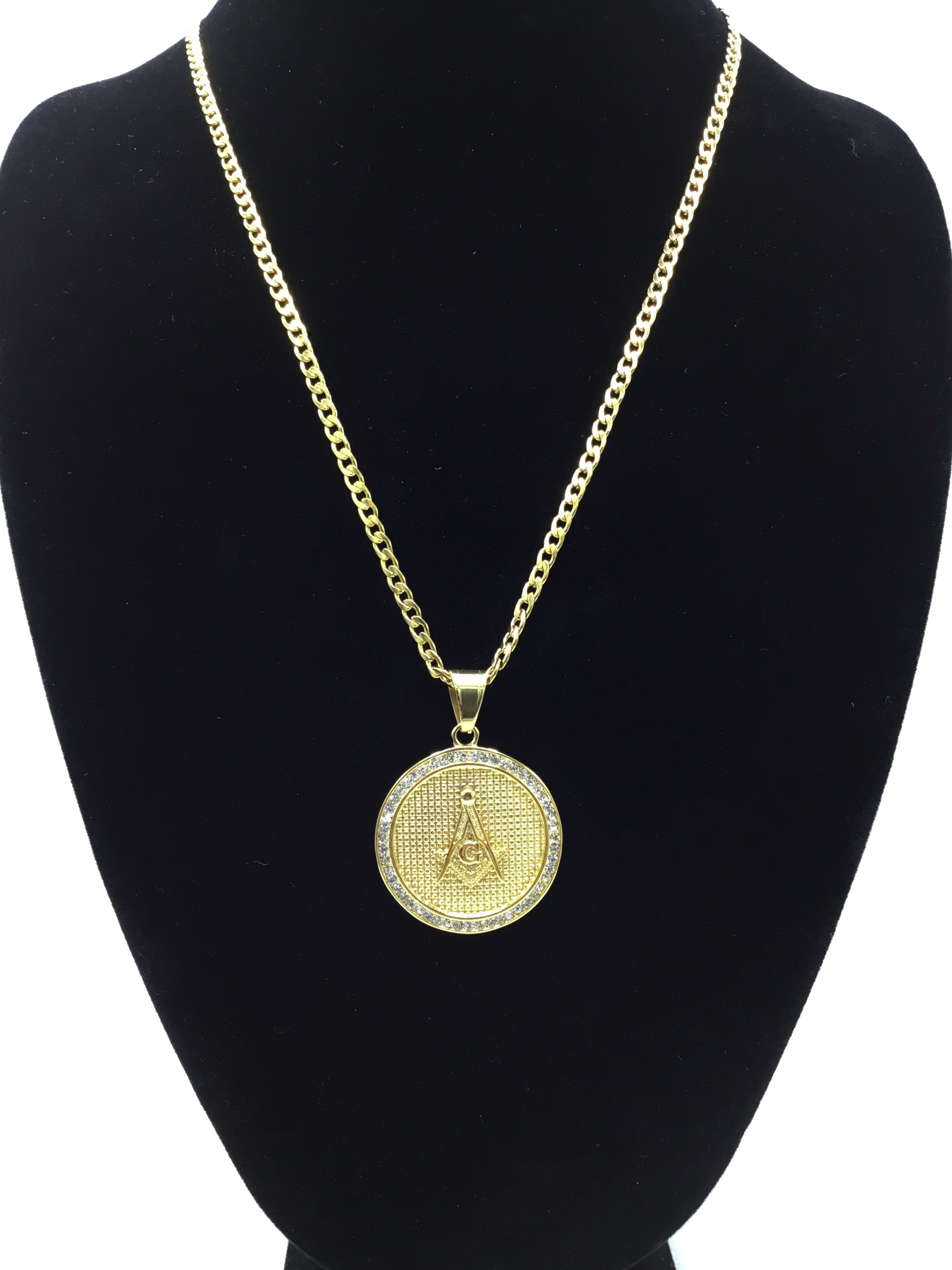 18k gold over stainless steel Medallion with Cubic Zirconia includes Cuban link chain set