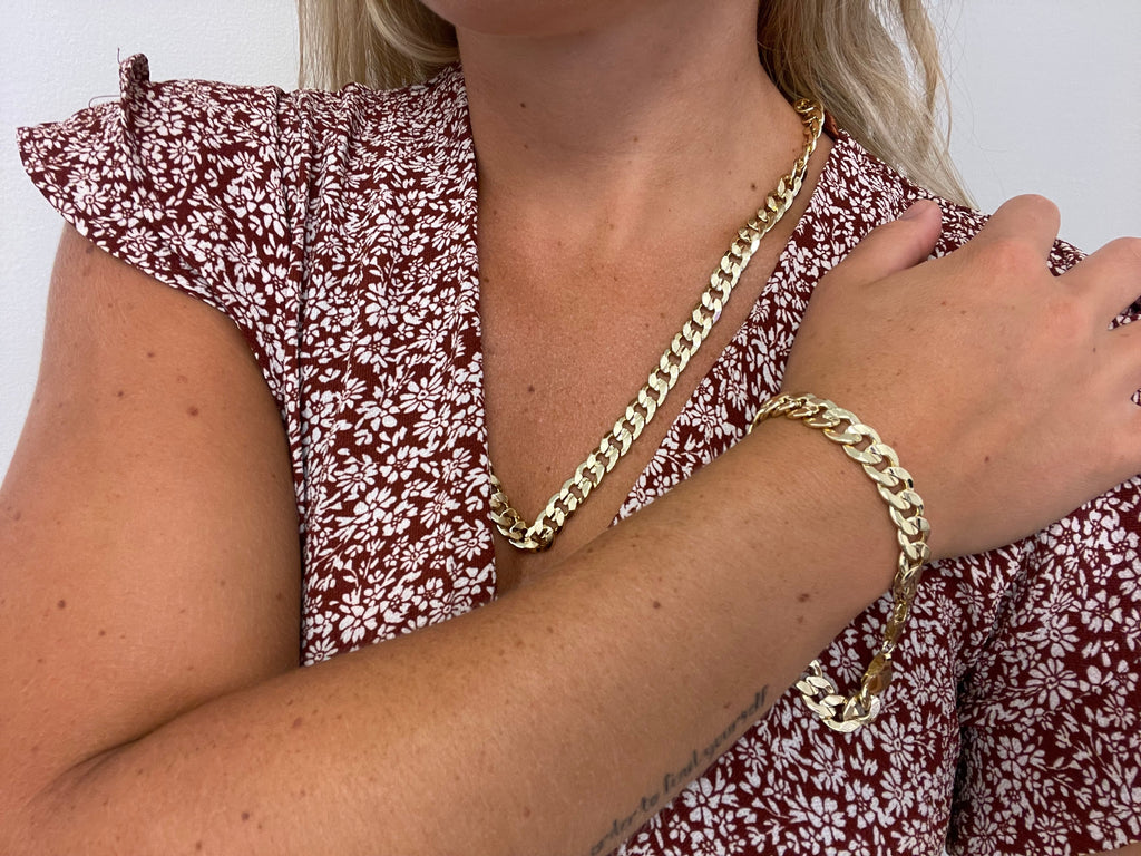 Cuban Link Diamond Cut 14K Gold Filled Necklace 24" Chain and 8.5" Bracelet Jewelry Chain Set