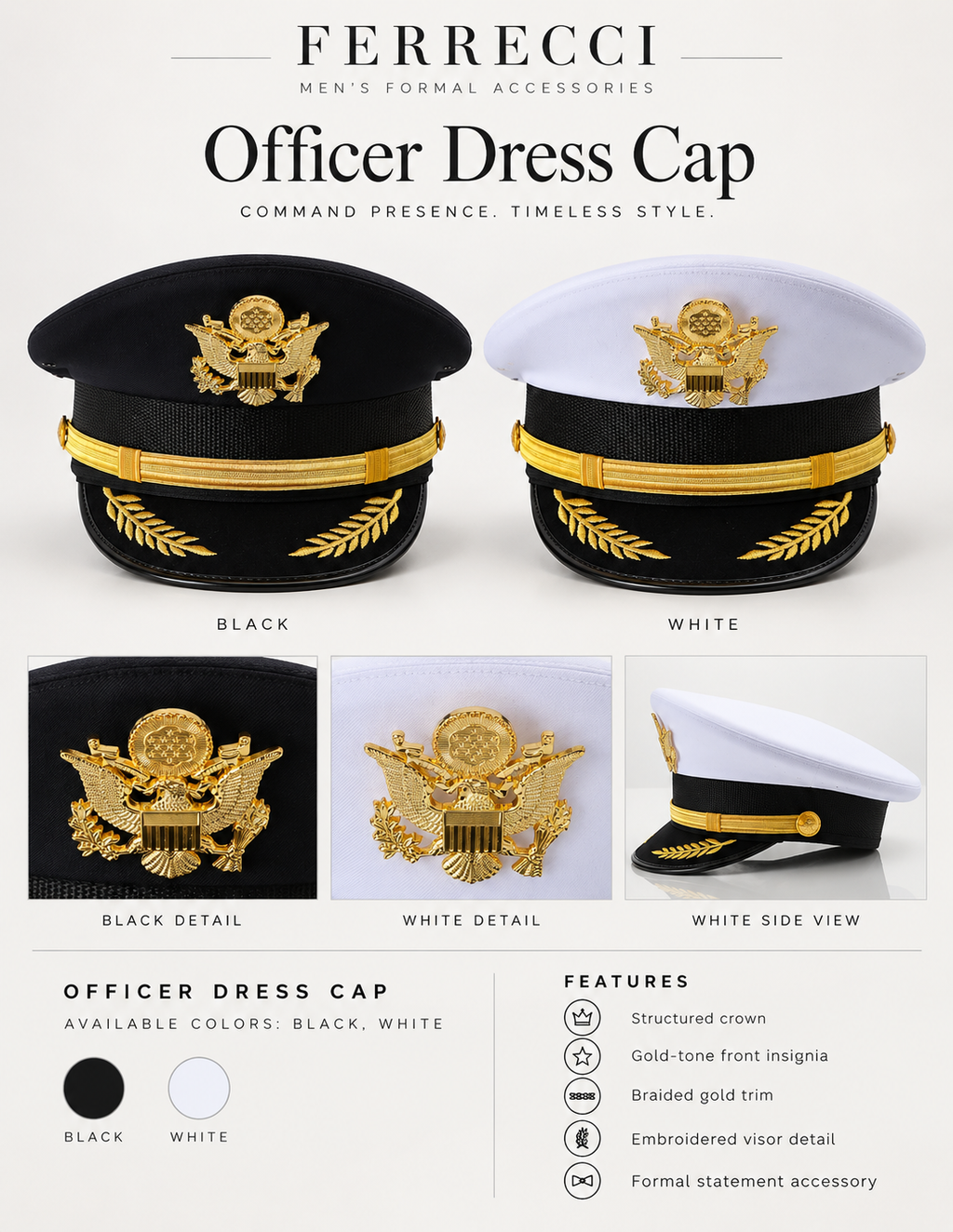 Captain Hat for Men & Women – White Yacht, Boat & Pilot Cap with Eagle Crest | Ferrecci