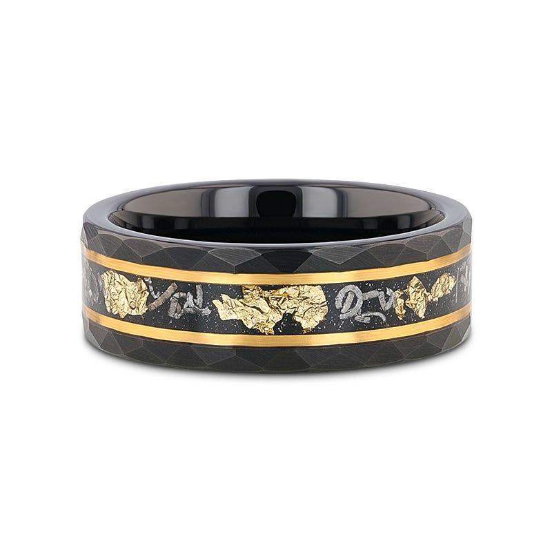INFINIA Black Tungsten Band with Meteorite Inlay and Gold Flakes - 8mm