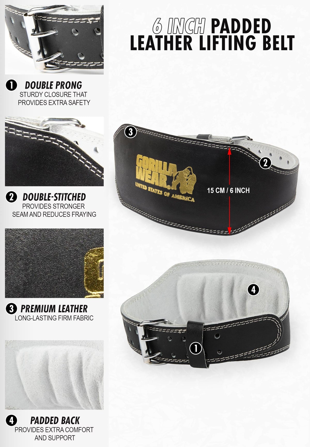 GW 6- Inch Padded Leather Lifting Belt - Black/Black