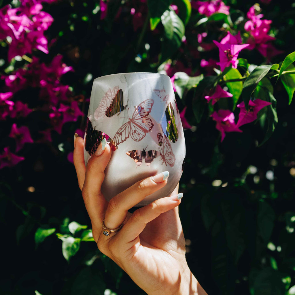 Pink Butterfly Stemless Wine Glasses