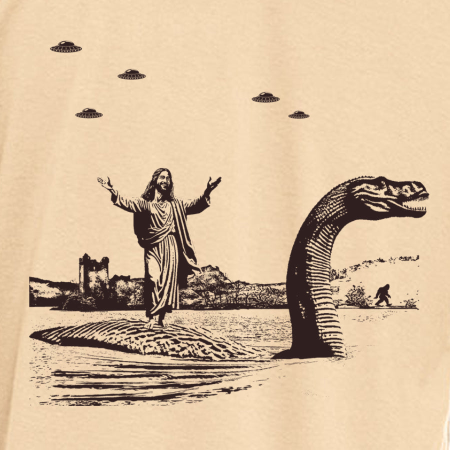 Jesus Christ Riding The Loch Ness Monster Men's Tshirt | Guys Funny Dinosaur Tee | Humorous Religious Tee with Jesus and Nessie