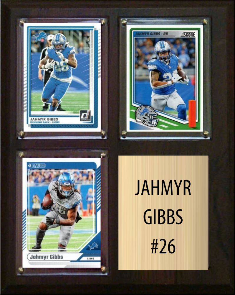Jahmyr Gibbs Detroit Lions Fan Gift Plaque 8x10 3 Cards Prizm, Donruss, Score 2024 2025 2026